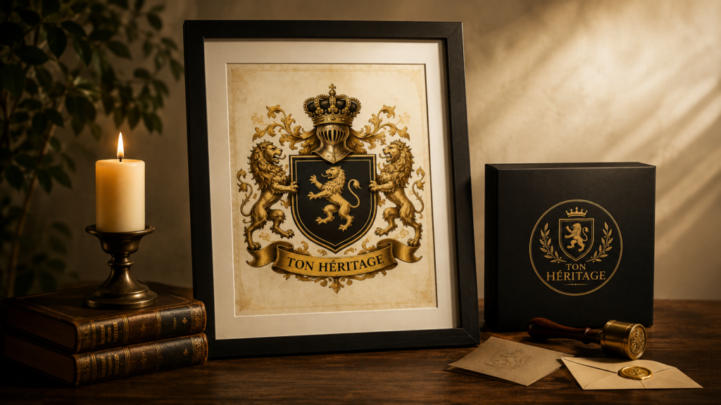 Poster blason familial encadré Ton Héritage avec boîte cadeau noire 
et sceau de cire dorée sur bureau en bois — cadeau patrimonial premium