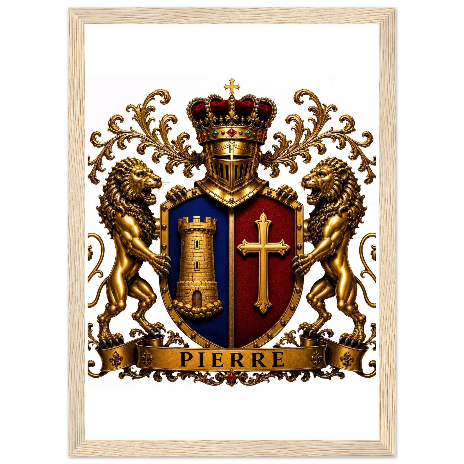 blason famille pierre — affiche encadrée bois, papier mat 1e454706-1bbd-41a6-bc59-738780d01c4c